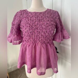 MAEVE Anthropologie sz S Rhinestone pink chiffon babydoll top back bow tie